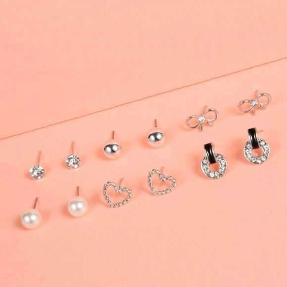 6 pair of stud earrings, bow, heart, pearl, silver - Picture 2 of 3